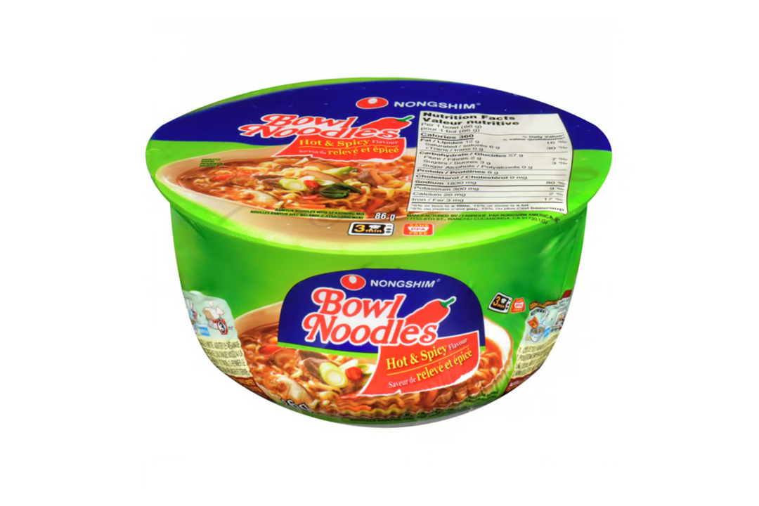 Nongshim Hot and Spicy Bowl Noodles 86 g Exotic Snacks Snaxies Montreal Quebec Canada