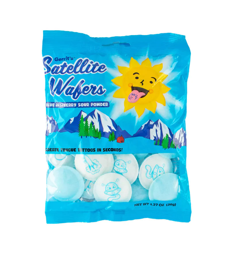 Satellite Wafers Blue Raspberry with Tongue Tattoos 36 g Exotic Snacks Snaxies Montreal Quebec Canada