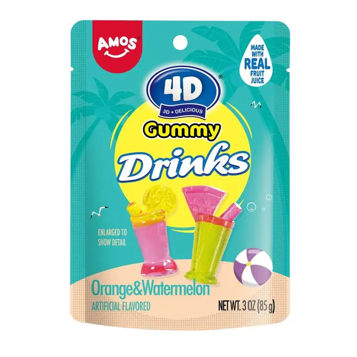 Amos 4D Gummy Drinks Orange & Watermelon 85 g Imported Exotic Candy Montreal Quebec Canada Snaxies