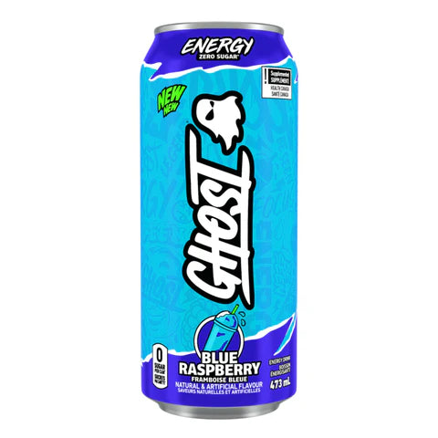 Ghost Energy Zero Sugar Blue Raspberry 473 mL Imported Exotic Energy Drinks Montreal Quebec Canada Snaxies