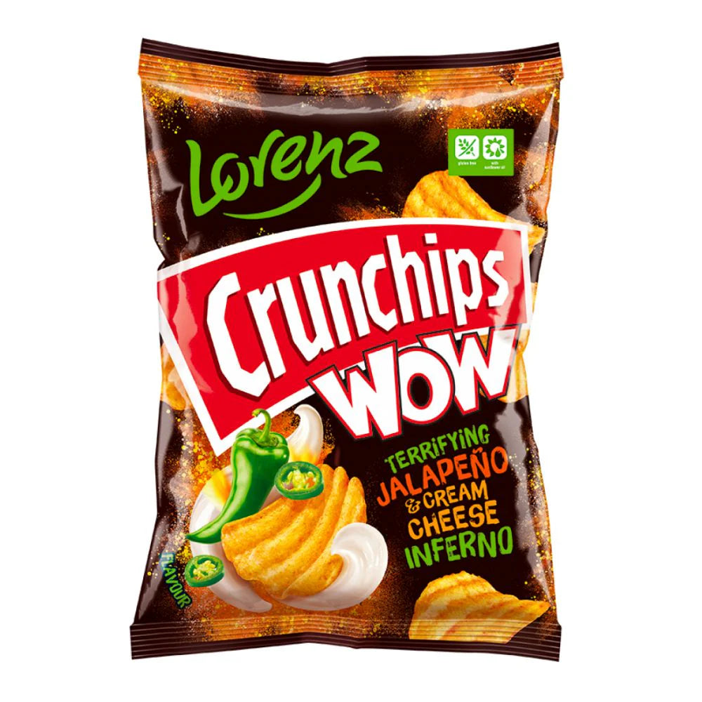 Lorenz Crunchips WOW Terrifying Jalapeno & Cream Cheese Inferno 80 g Exotic Snacks Snaxies Montreal Quebec Canada 