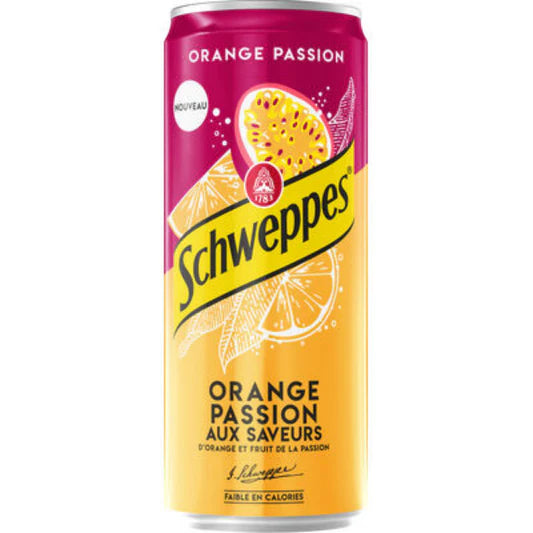 Schweppes Orange & Passionfruit Can 330 mL Exotic Drinks Montreal Quebec Canada Snaxies