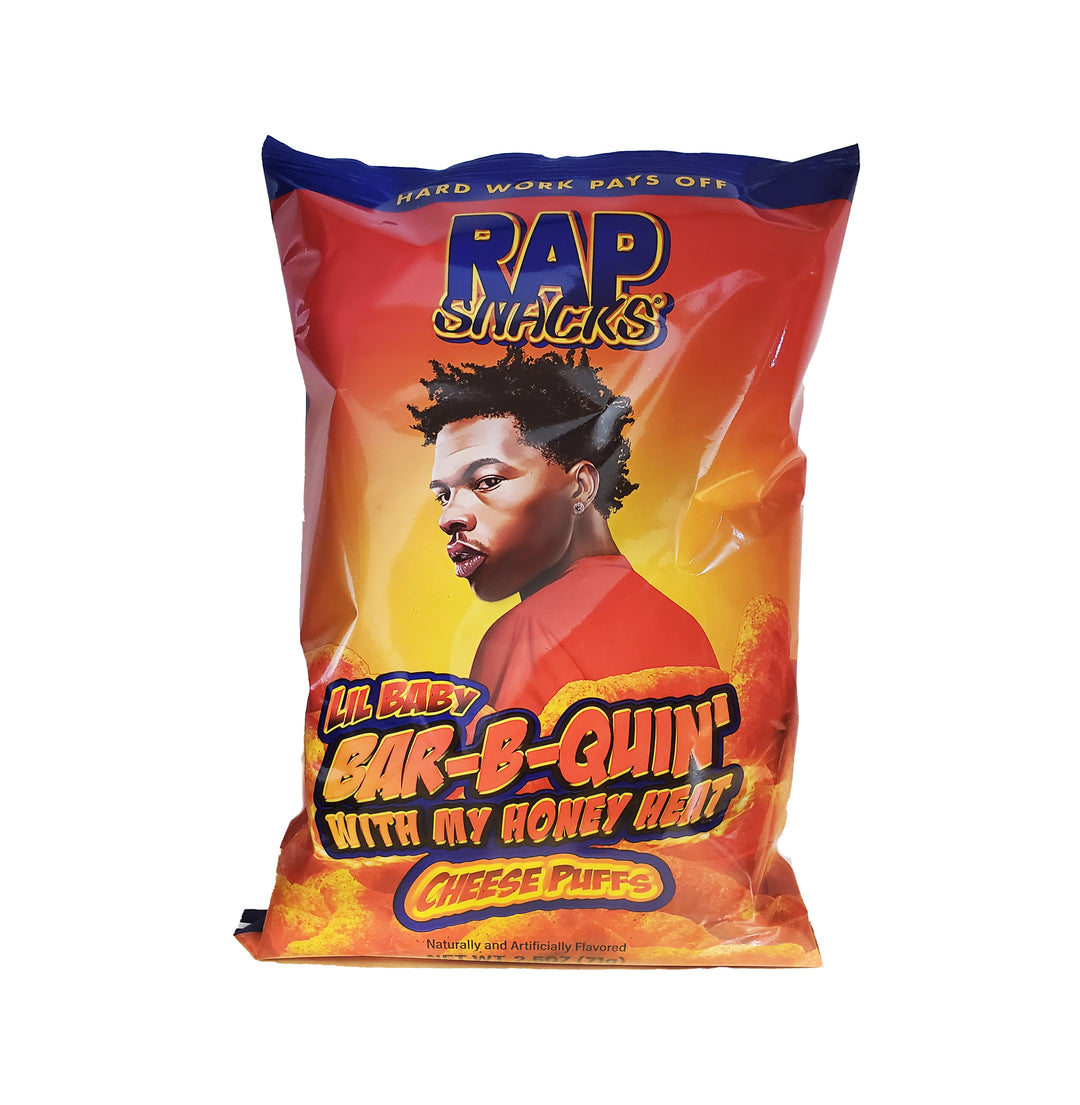 Rap Snacks Lil Baby Bar-B-Quin Honey Heat Cheese Puffs 71 g Snaxies Exotic Snacks Montreal Quebec Canada