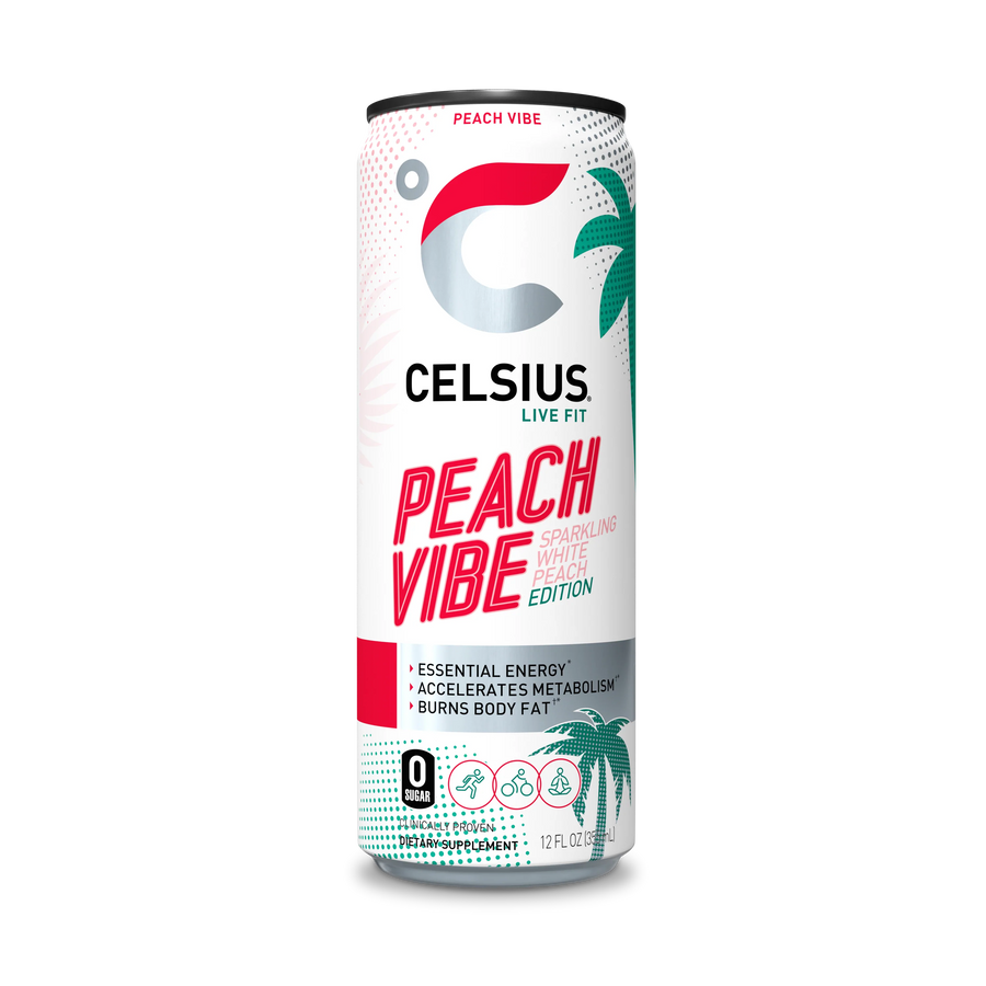 Celsius Sparkling Peach Vibe 355 ml Snaxies Exotic Energy Drinks Montreal 