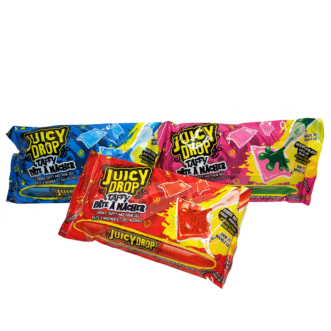 Juicy Drop Chewy Taffy and Sour Gel 67 g from the US Snaxies Montreal Canada