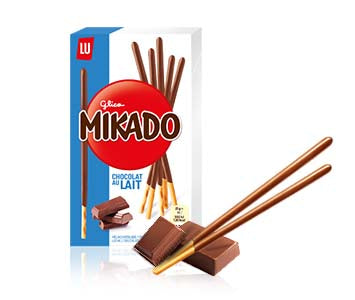LU Biscuits Mikado Chocolat au Lait 90 g Glico Imported Exotic Cookies from France Snaxies Montreal Canada