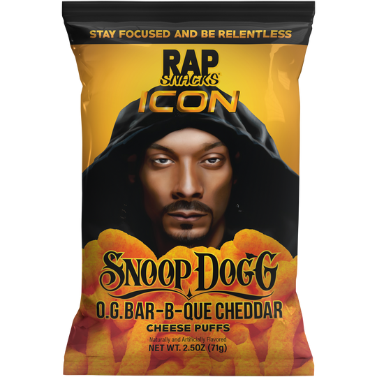Rap Snacks Snoop Dogg O.G. Bar-B-Que Cheddar Cheese Puffs 71 g Snaxies Exotic Chips Montreal