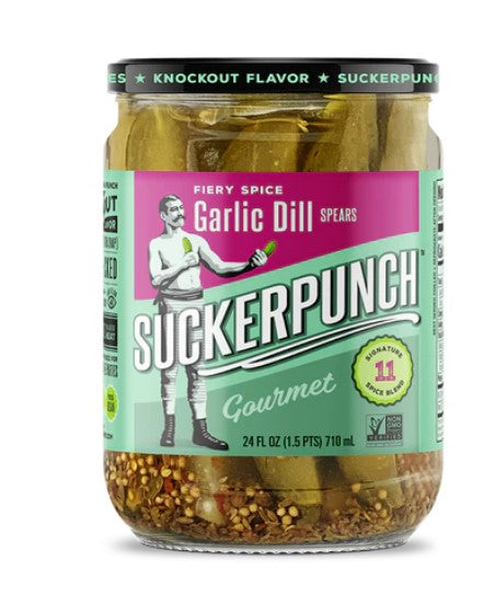 Suckerpunch Garlic Dill Fire Spears Jar 710 ml Snaxies Exotic Snacks Montreal Canada