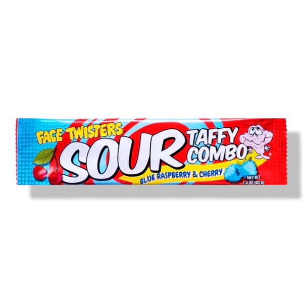Face Twisters Sour Taffy Blue Raspberry & Cherry Combo Bar 40 g Snaxies Exotic Snacks Montreal Quebec Canada