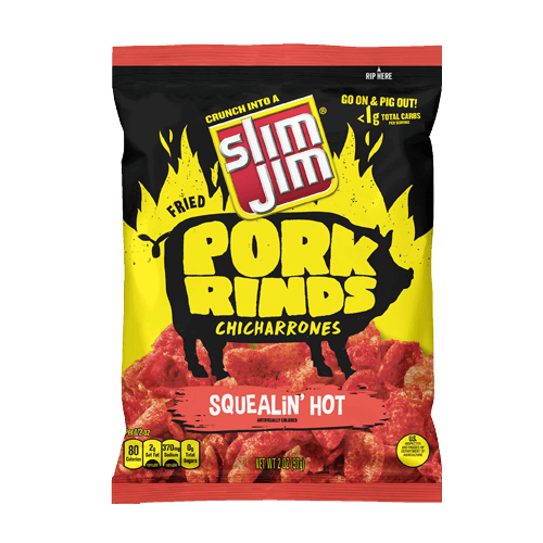 Slim Jim Pork Rind Squealin' Hot 57 g Snaxies Exotic Chips Montreal Canada